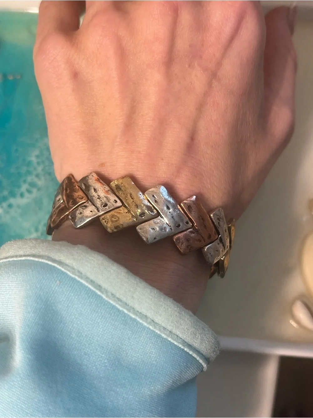 Mixed Metal Chevron Stretch Bracelet Silver Gold Copper Tone Boho